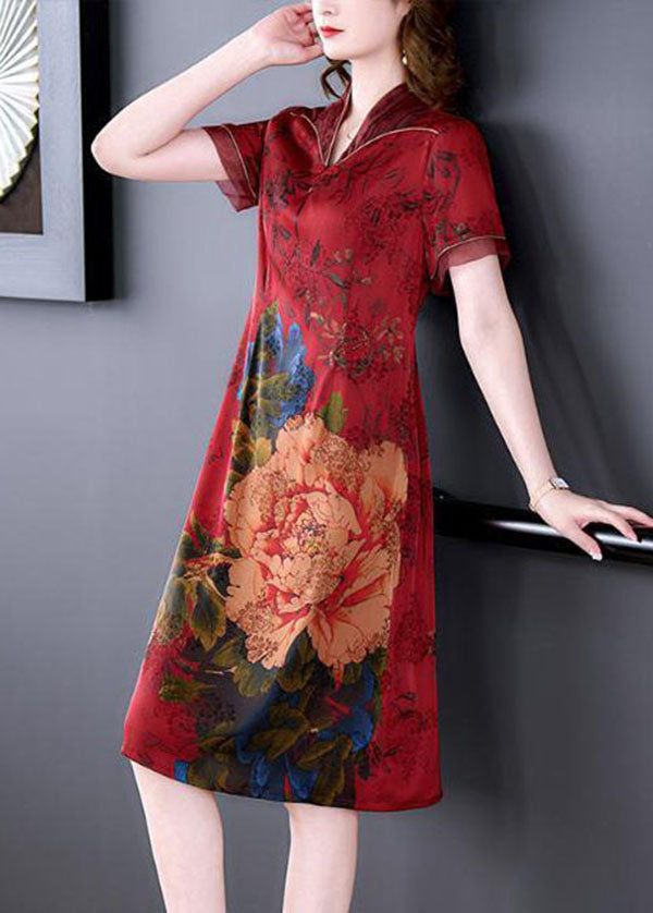 Red Chinese Style Silk Long Dresses Print Side Open Summer Ly1680