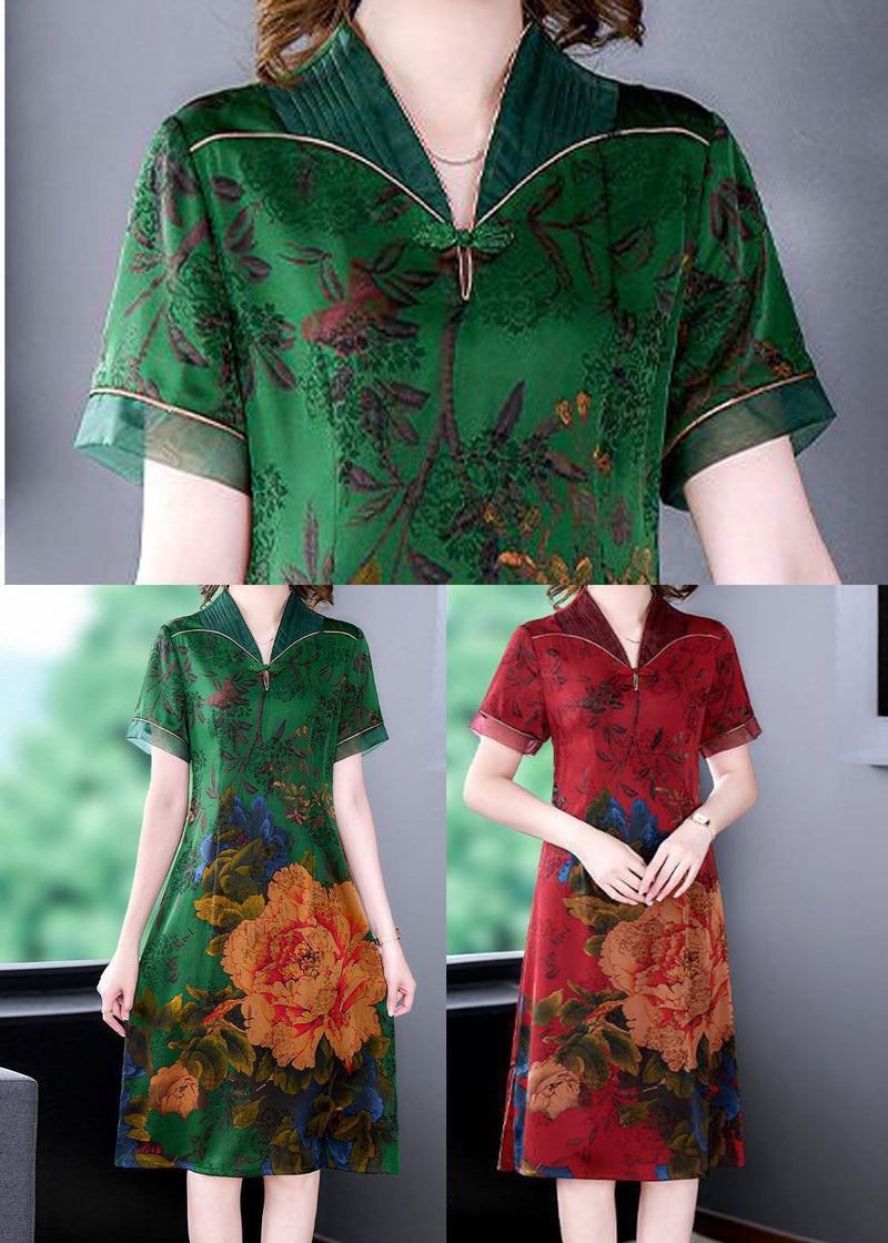 Handmade Green V Neck Print Slim Fit Silk Long Dress Summer Ly1673