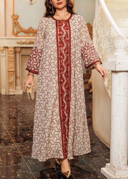 Red Embroidered Patchwork Tulle Fall Maxi Dresses O Neck Ql019