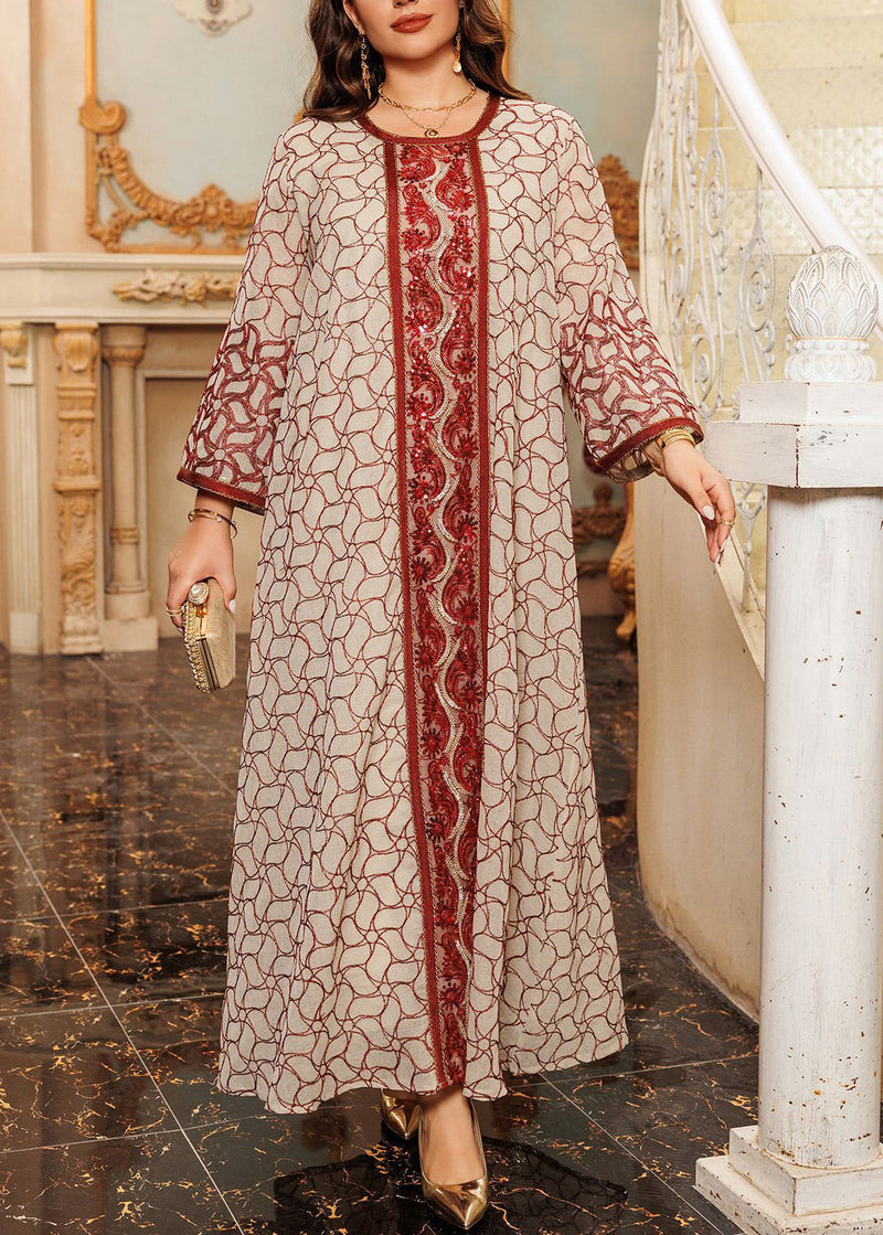 Red Embroidered Patchwork Tulle Fall Maxi Dresses O Neck Ql019