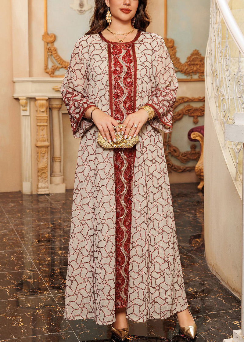 Red Embroidered Patchwork Tulle Fall Maxi Dresses O Neck Ql019