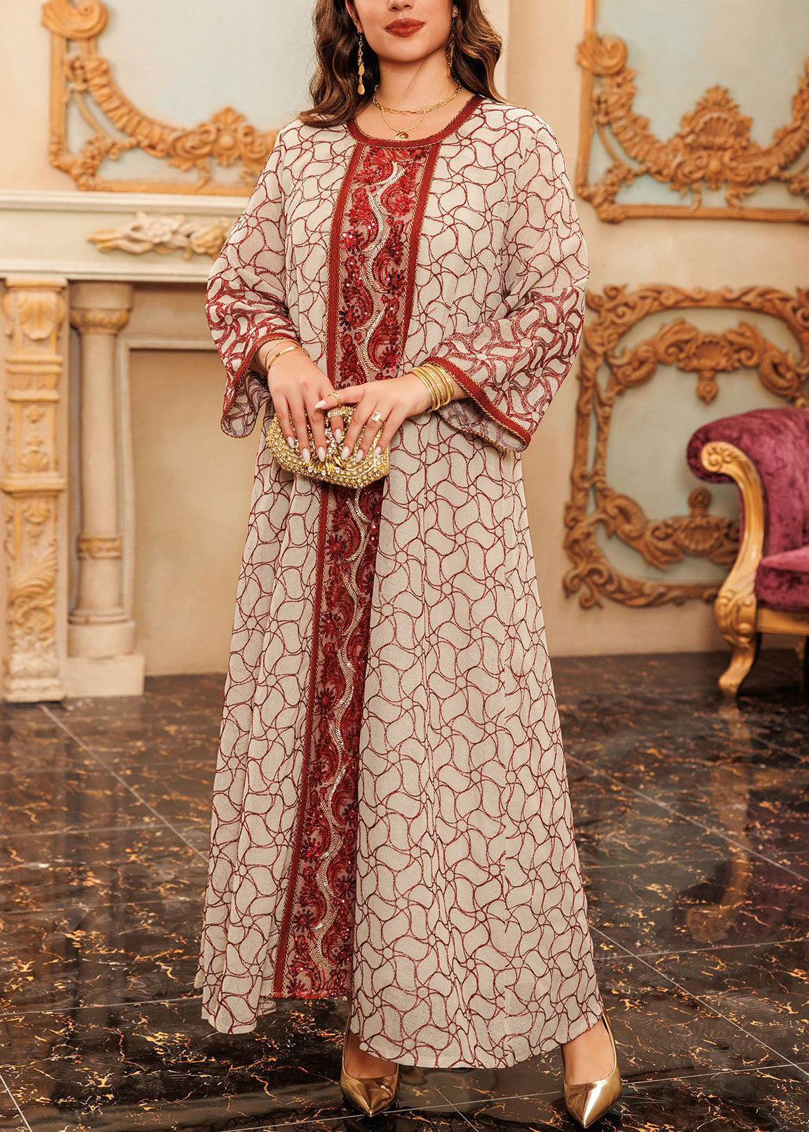 Red Embroidered Patchwork Tulle Fall Maxi Dresses O Neck Ql019