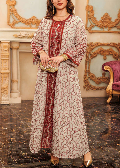 Red Embroidered Patchwork Tulle Fall Maxi Dresses O Neck Ql019