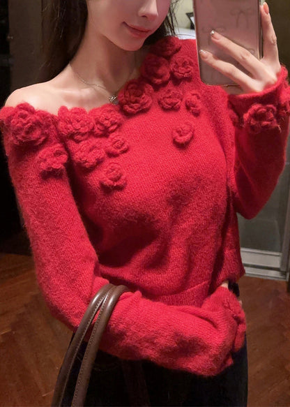 Red Patchwork Knit Sweater Asymmetrical Winter Wx023
