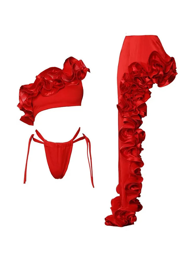 Frilled V Neck One Piece Swimsuit and Skirt