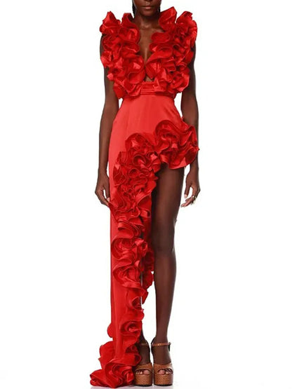 Frilled V Neck One Piece Swimsuit and Skirt