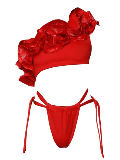 Frilled V Neck One Piece Swimsuit and Skirt