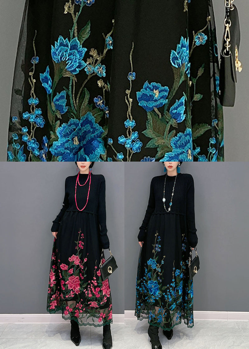Red Knit Patchwork Tulle Long Dress Embroideried Spring Ly1582
