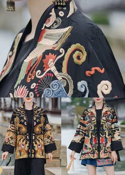 Red Lace Up Embroidered Silk Coats V Neck Long Sleeve Qa1081
