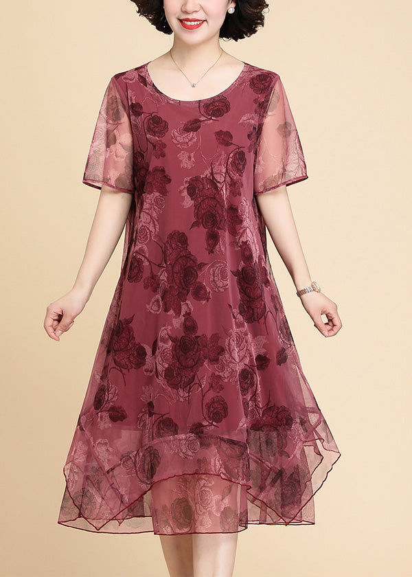 Red O-neck Asymmetrical Long Dresses Short Sleeve Ly1711