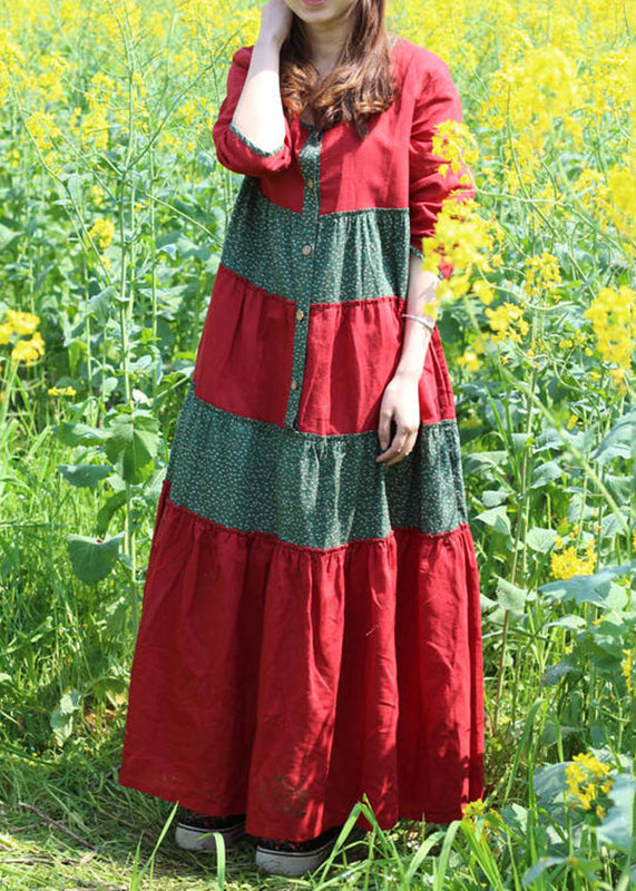 Red O-neck Wrinkled Patchwork Long Dresses Spring Vb1030