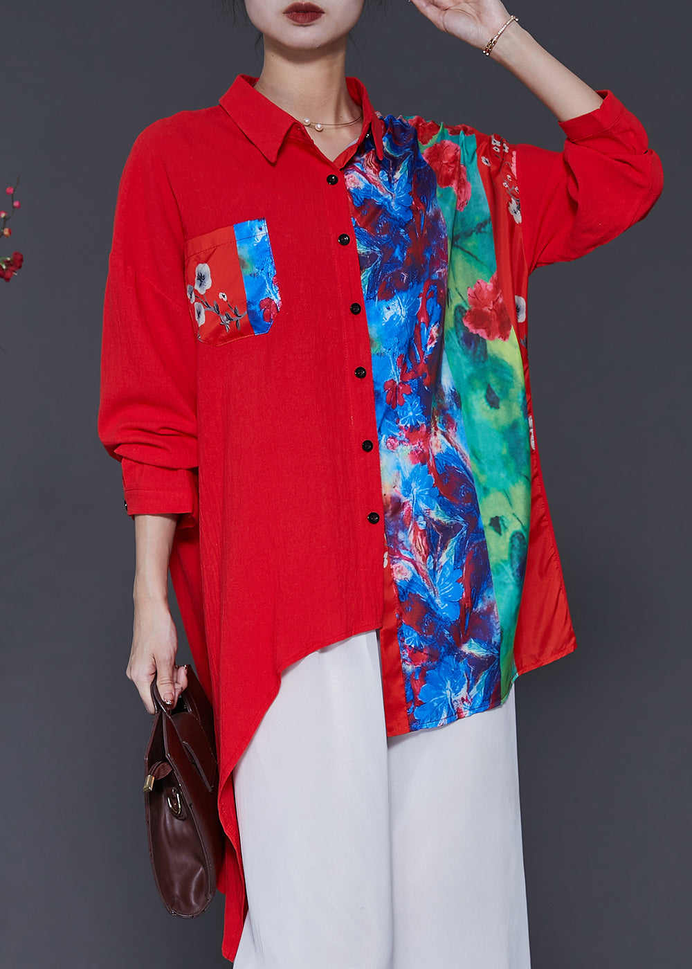 Red Patchwork Linen Blouse Top Oversized Spring Sd1048