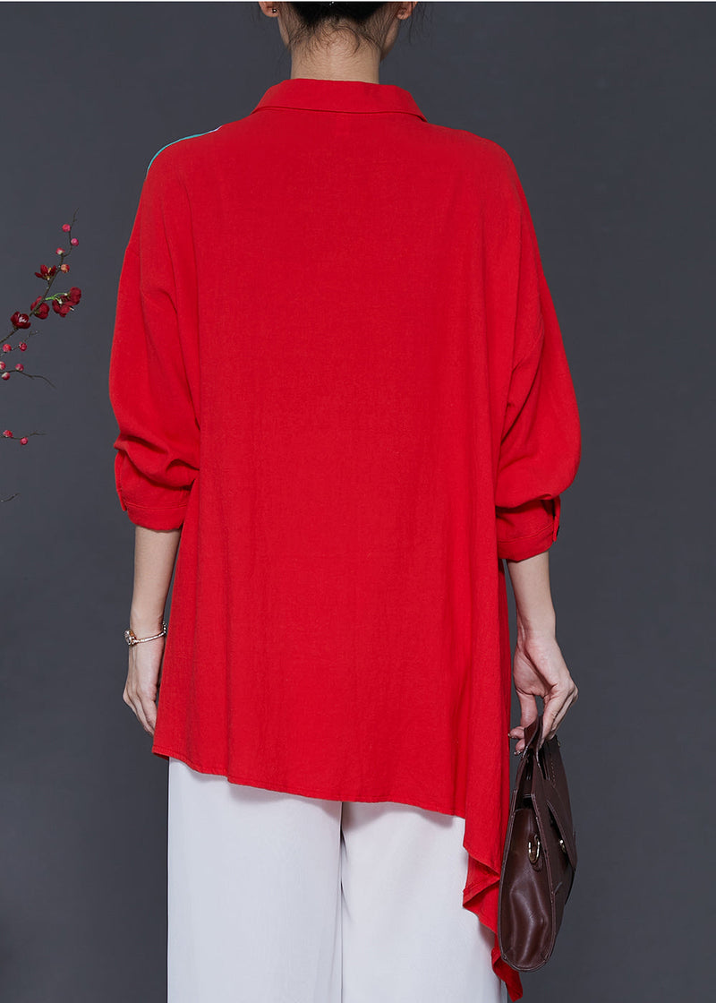 Red Patchwork Linen Blouse Top Oversized Spring Sd1048