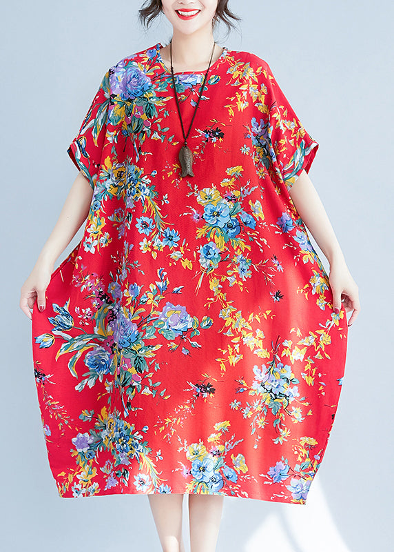 Red Print Cotton Long Dress Oversized Pockets Summer Ly0907