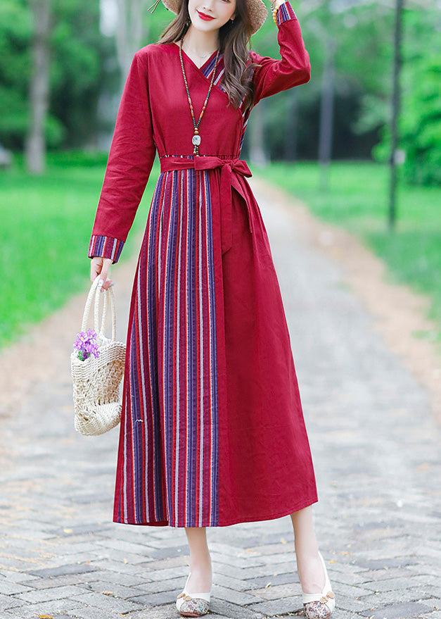 Red Tie Waist Tunic Linen Maxi Dress Long Sleeve Lc0055