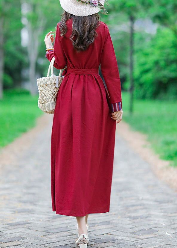 Red Tie Waist Tunic Linen Maxi Dress Long Sleeve Lc0055