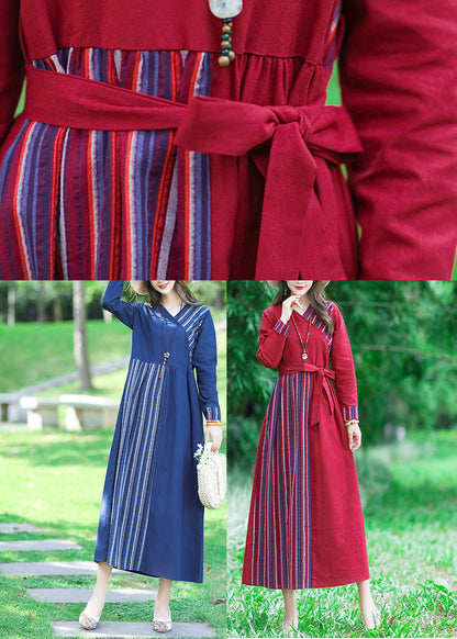 Red Tie Waist Tunic Linen Maxi Dress Long Sleeve Lc0055