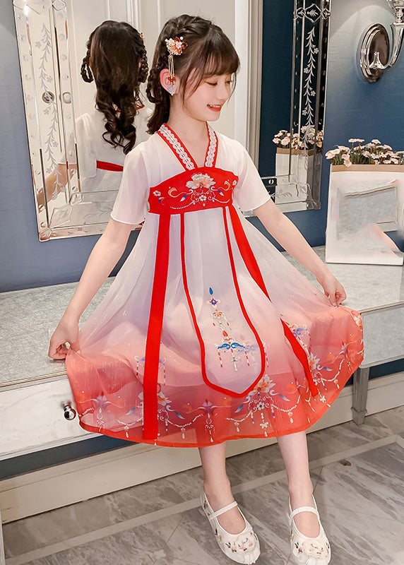 Red V Neck Lace Patchwork Tulle Kids Holiday Maxi Dress Short Sleeve Gf015