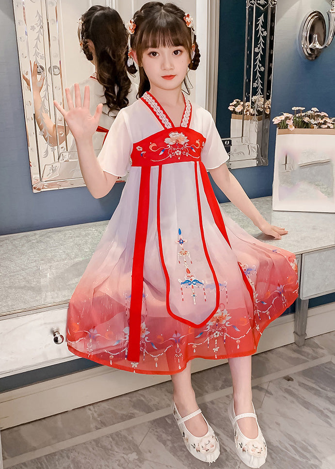 Red V Neck Lace Patchwork Tulle Kids Holiday Maxi Dress Short Sleeve Gf015