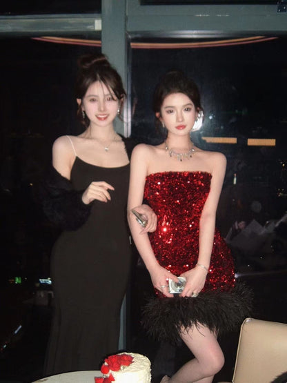 Red Feather Sequin Strapless Dress Party Night Mini Dress