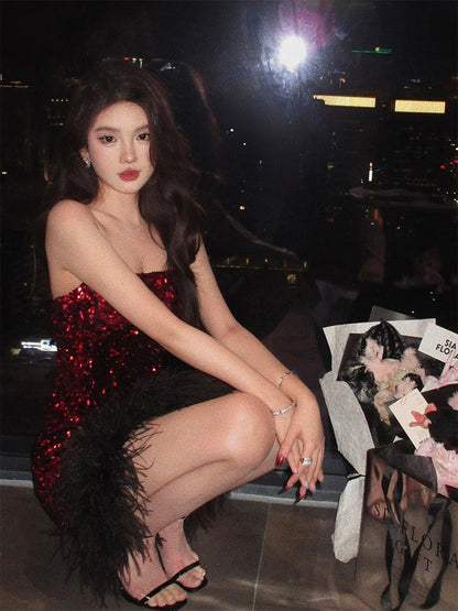Red Feather Sequin Strapless Dress Party Night Mini Dress