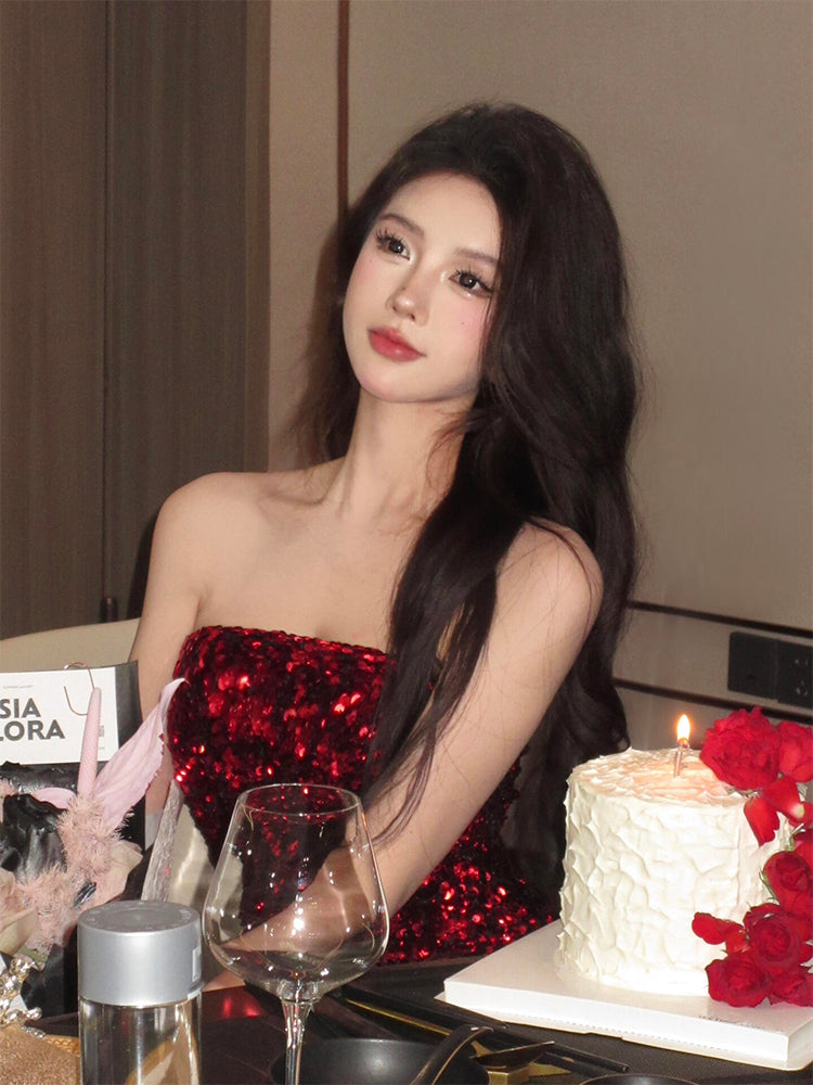 Red Feather Sequin Strapless Dress Party Night Mini Dress