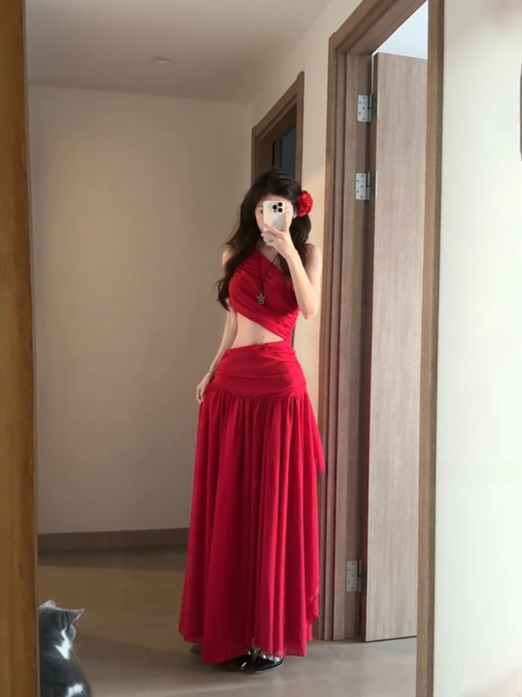 Red Flowy Maxi Dress Open-back Chiffon Vacation Dress
