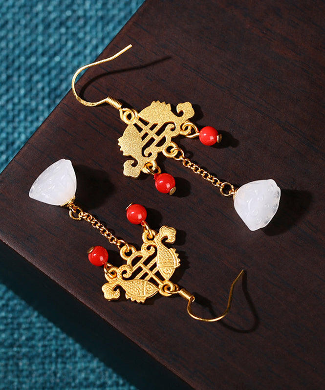 Regular Ancient Gold Inlaid Jade Gem Stone Lotus Flower Tassel Drop Earrings Kx1078