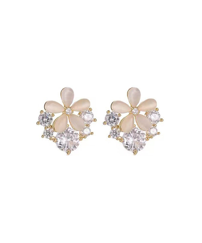 Regular Beige Sterling Silver Overgild Cat's Eye Stone Zircon Stud Earrings