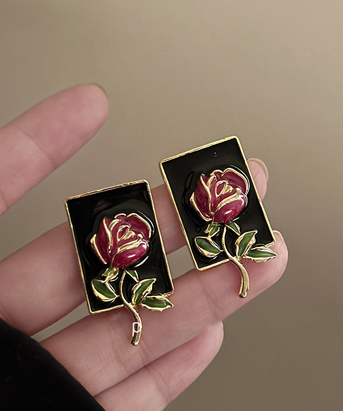 Regular Gold Sterling Silver Overgild Rose Drip Glaze Stud Earring