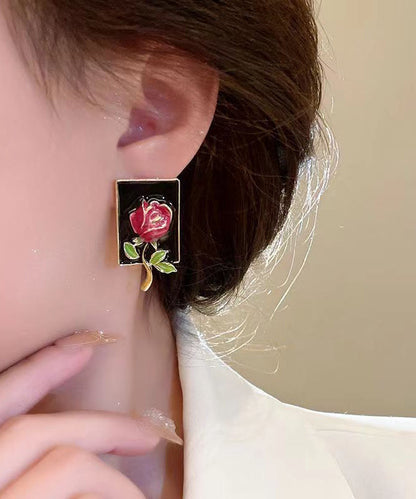 Regular Gold Sterling Silver Overgild Rose Drip Glaze Stud Earring Kx1049