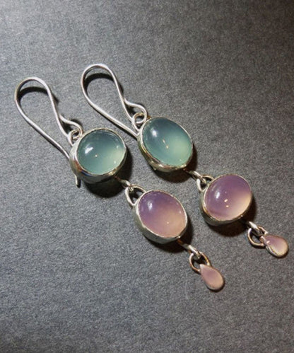 Retro Asymmetric Pink Green Sterling Silver Oval Cat Eye Stone Pendant