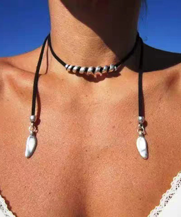 Retro Black Alloy Cotton Rope Necklace