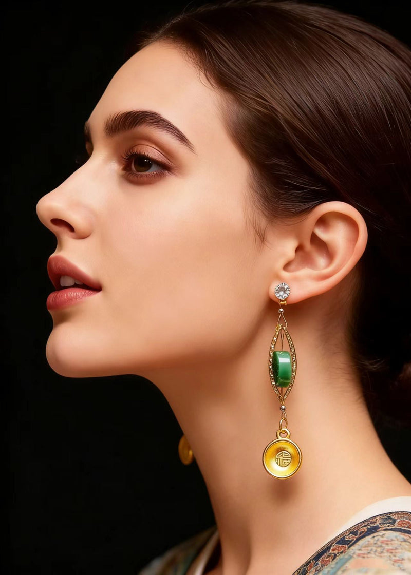 Retro Blessed Bowl Gilding Fine Jade Drop Earrings
