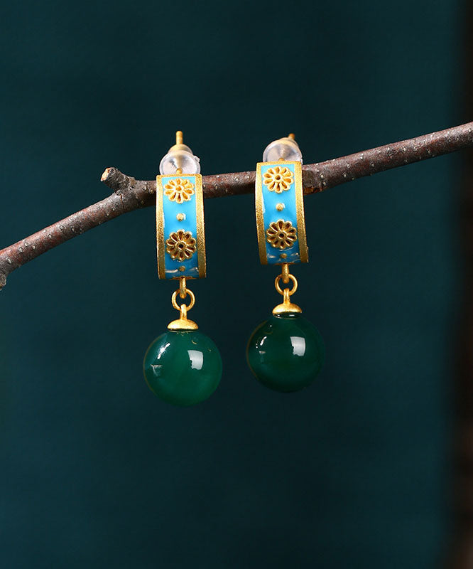 Retro Blue Ancient Gold Chalcedony Hoop Earrings