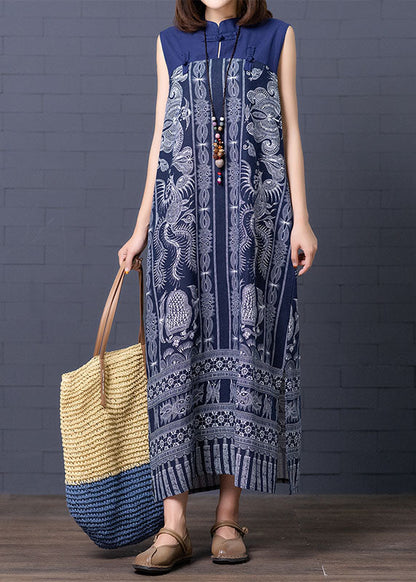 Retro Blue Chinese Button Patchwork Side Open Linen Long Dress Sleeveless Ac2043