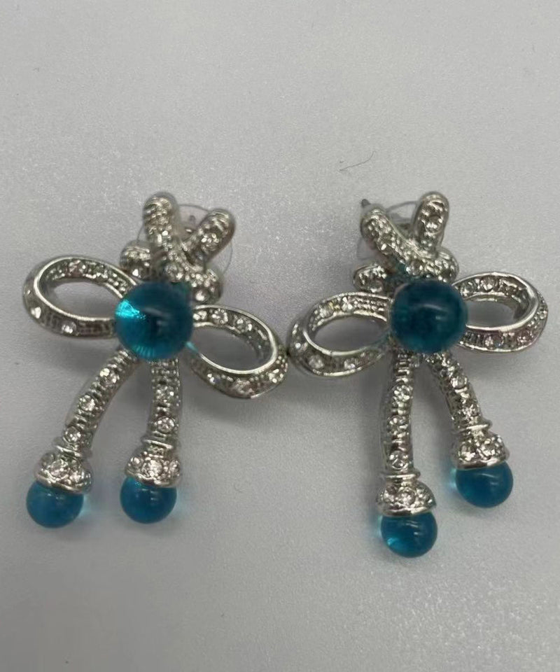 Retro Blue Sterling Silver Crystalcoloured Glaze Bow Stud Earrings Df1009