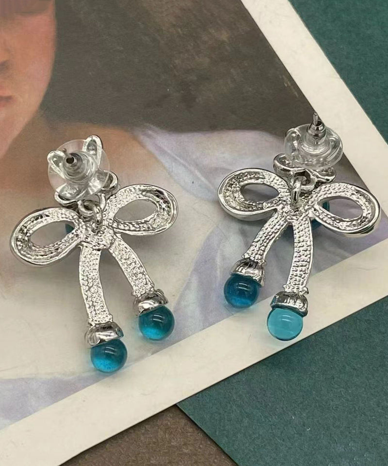Retro Blue Sterling Silver Crystalcoloured Glaze Bow Stud Earrings Df1009