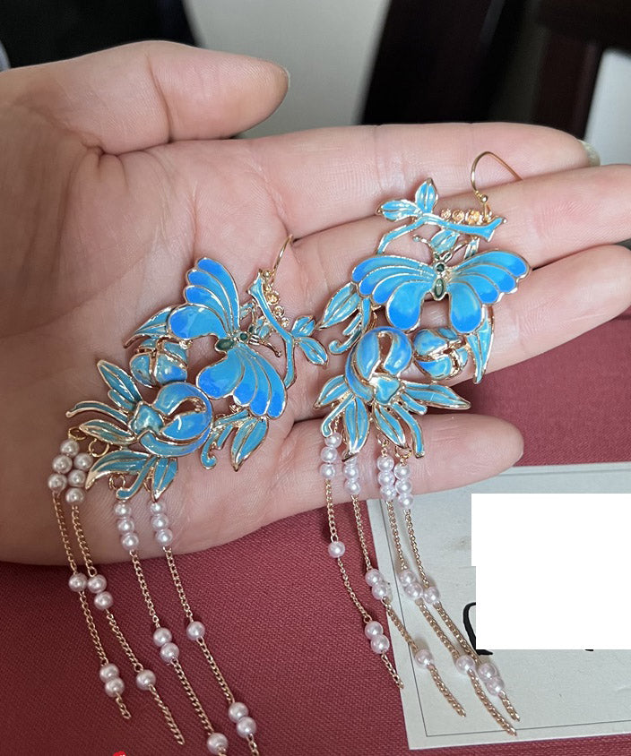 Retro Blue Sterling Silver Overgild 14k Gold Pearl Oli Drip Cloisonnedrop Earrings