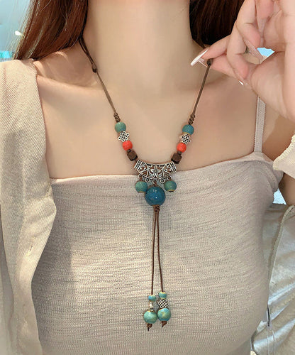 Retro Brown Alloy Ceramic Hemp Rope Tassel Pendant Necklace Ii014