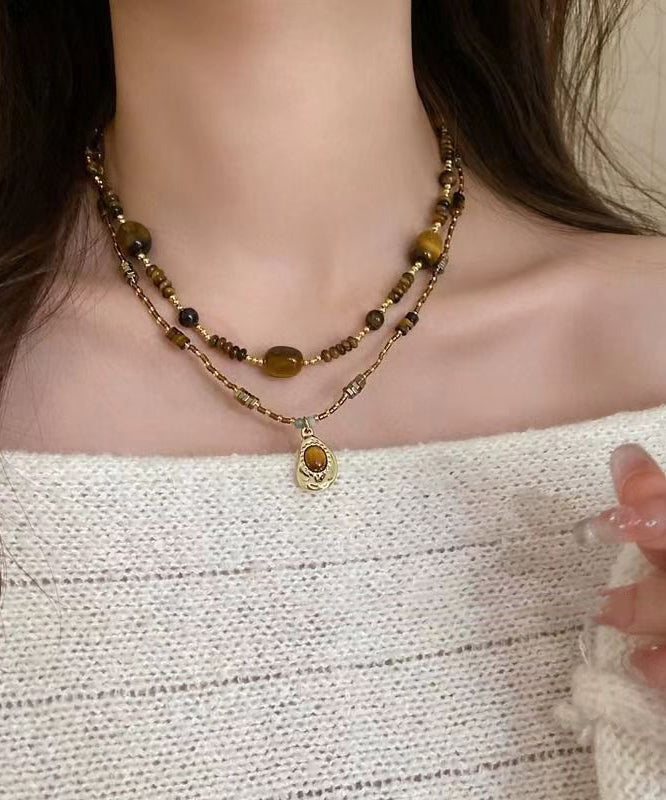 Retro Brown Bilayer Beading Tiger's Eye Pendant Necklace Ab1069