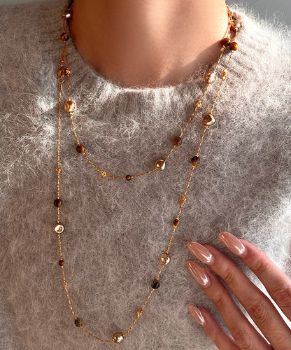 Retro Coffee Tiger's Eye Stone Double Tier Copper Long Necklace
