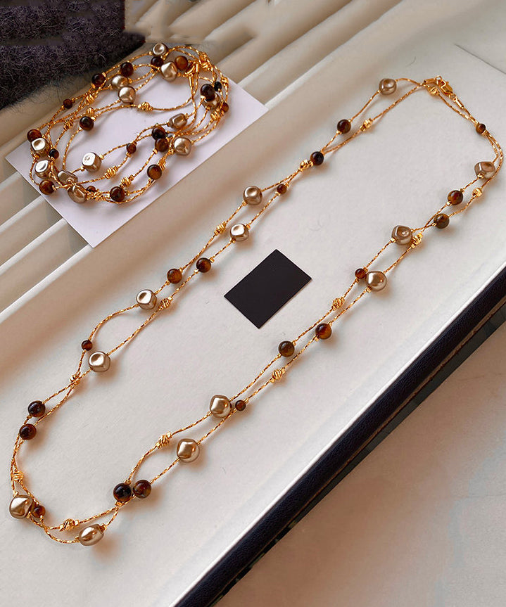 Retro Coffee Tiger's Eye Stone Double Tier Copper Long Necklace