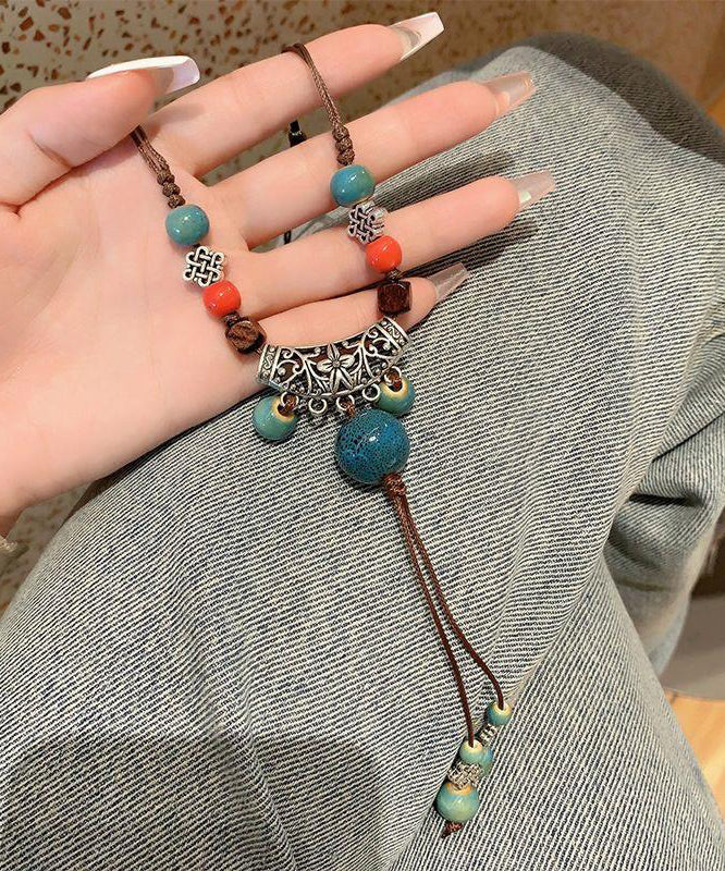 Retro Coffee Weave Alloy Ceramic Bead Hollow Out Pendant Necklace