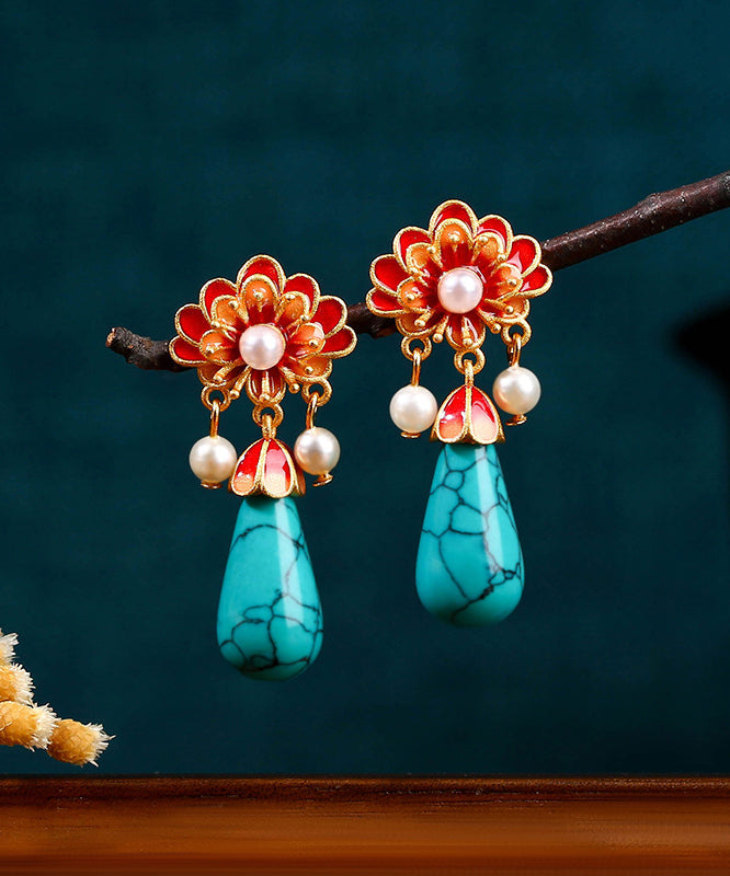 Retro Colorblock Ancient Gold Overgild Inlaid Pearl Enamel Drop Earrings
