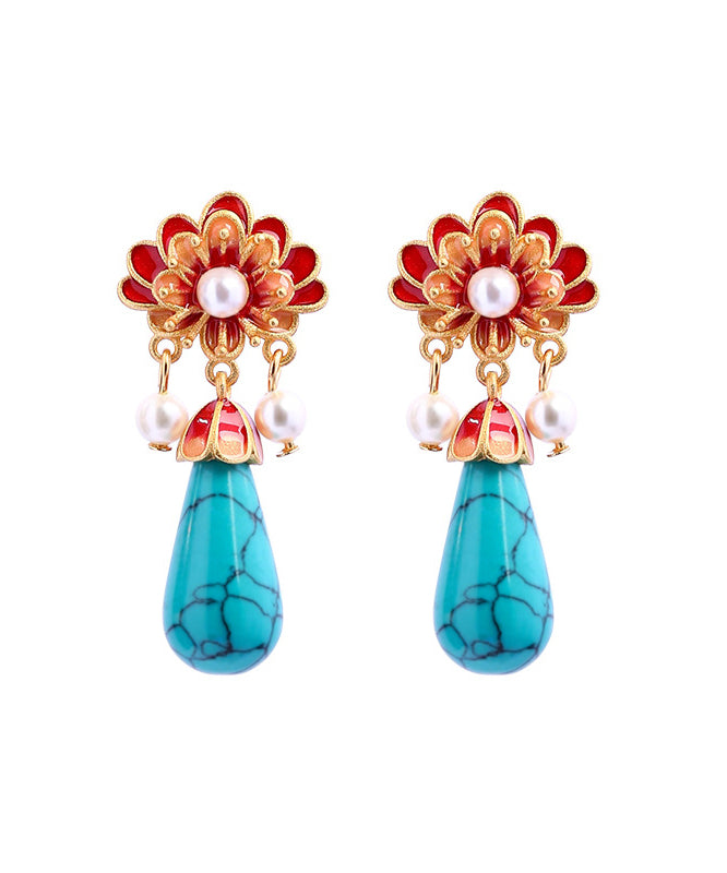Retro Colorblock Ancient Gold Overgild Inlaid Pearl Enamel Drop Earrings Df1029