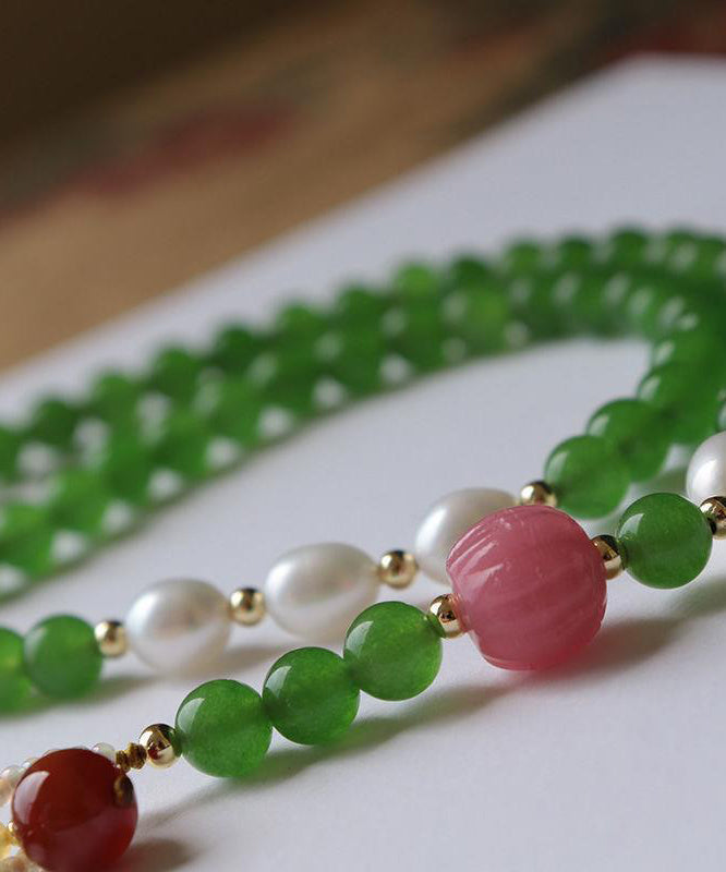 Retro Green Jade Agate Pearl Coloured Glaze Tassel Pendant Necklace Kx1027