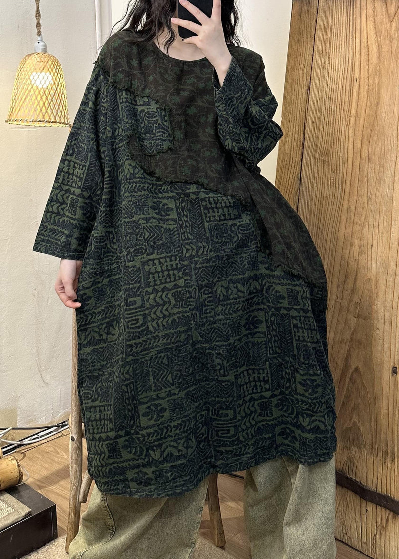 Retro Green Patchwork Print Long Dress Long Sleeve Vb1075
