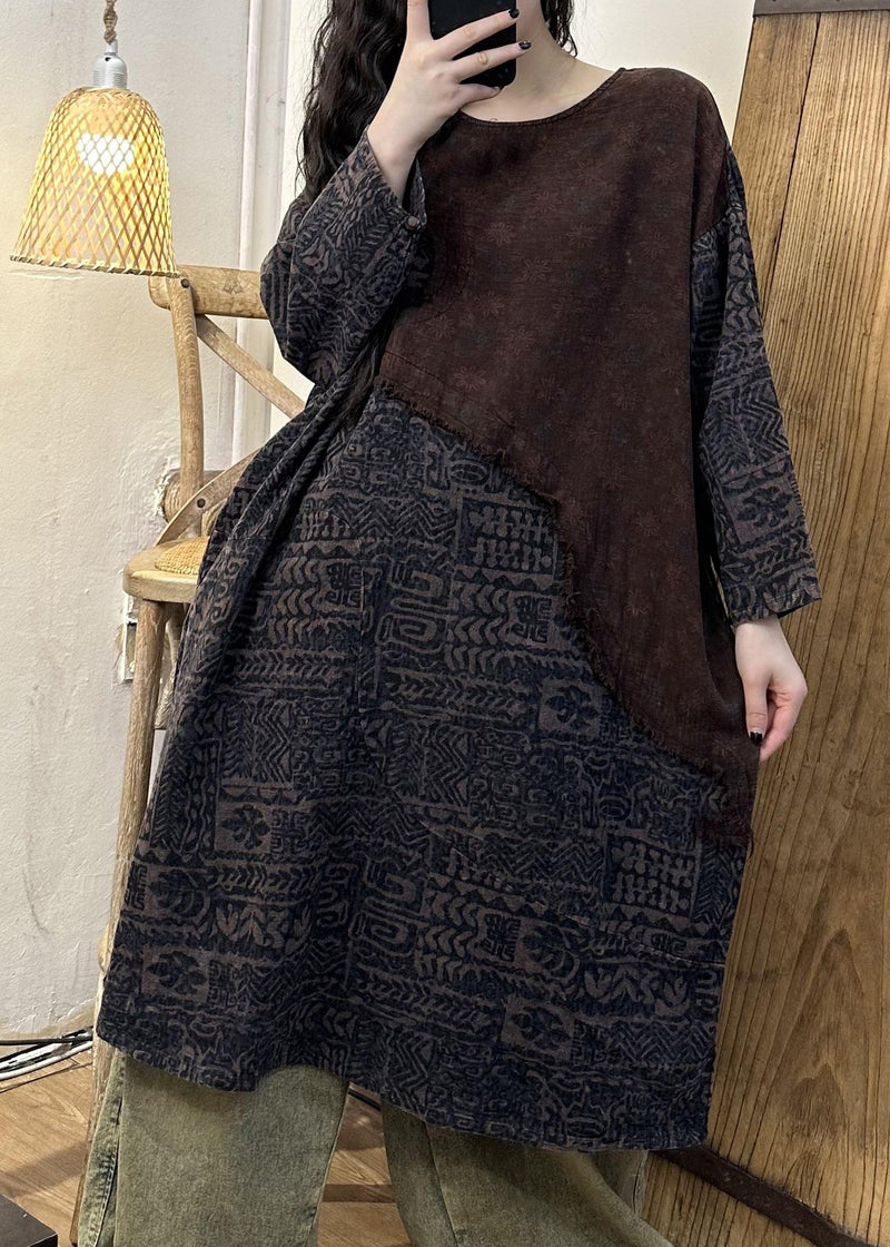 Retro Green Patchwork Print Long Dress Long Sleeve Vb1075