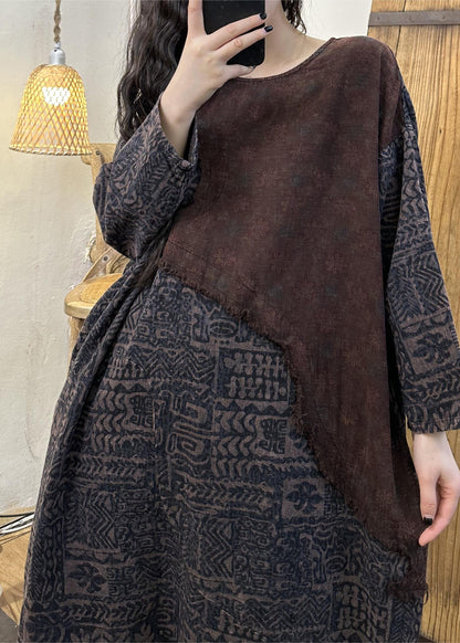Retro Green Patchwork Print Long Dress Long Sleeve Vb1075